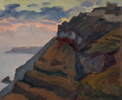 Santorini, Sunset — Oil painting, Fiberboard, 33.00×41.00cm — Theodoros Markellos